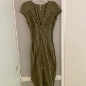 Free People Green Ruched Puff Sleeve Midi Dress